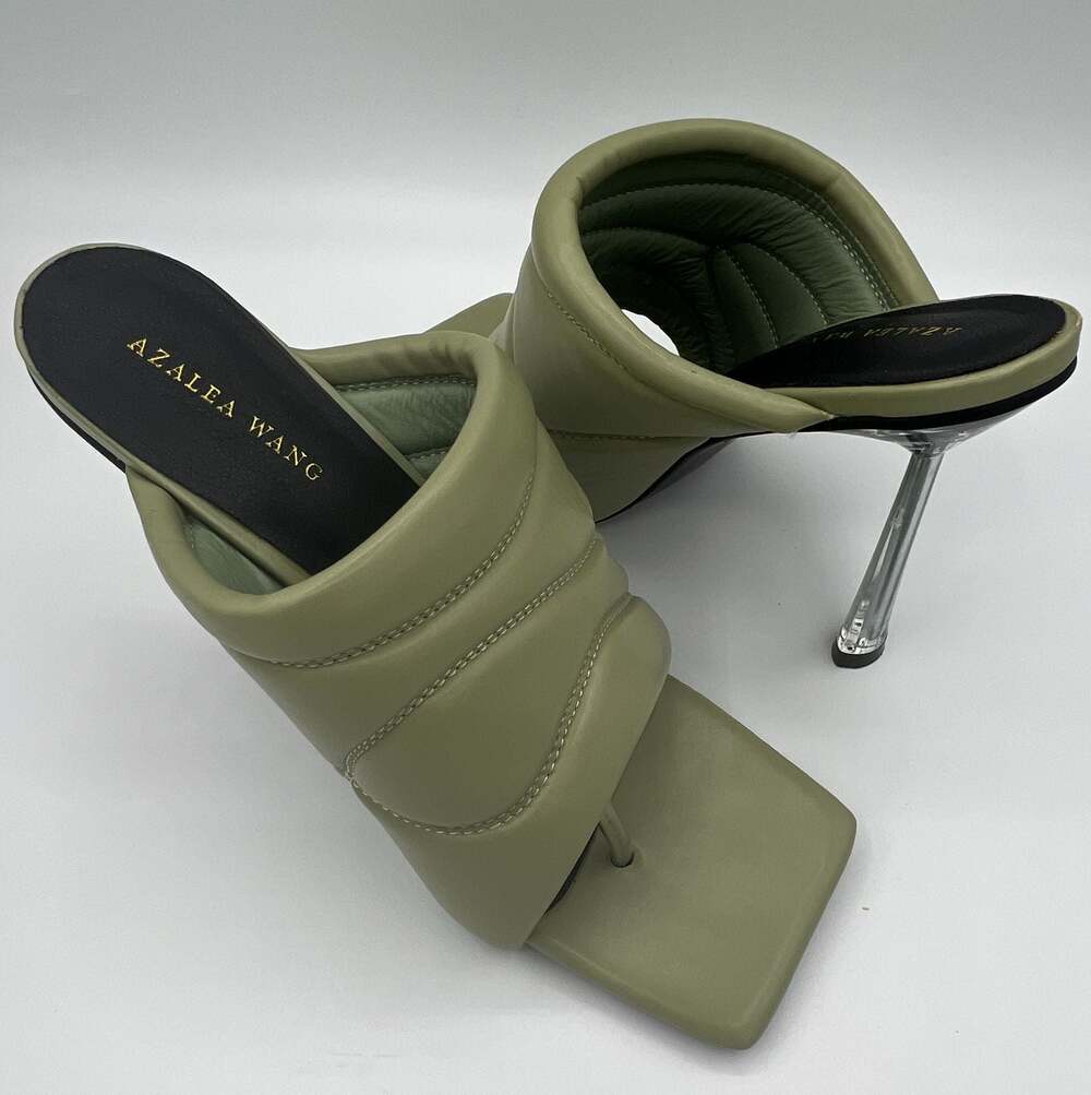 Azalea Wang Posh Khaki Quilted Stiletto Thong Heels Sandals